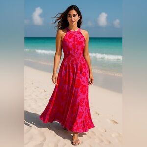 Vibrant Red and Purple Backless Floral Maxi Dress